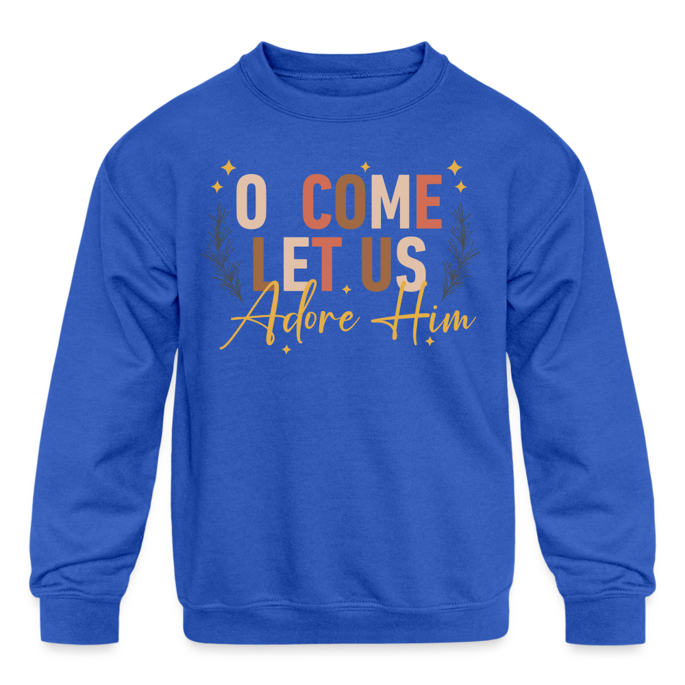 O Come Let us Adore Him Christmas Kid's Long Sleeve Sweater - royal blue