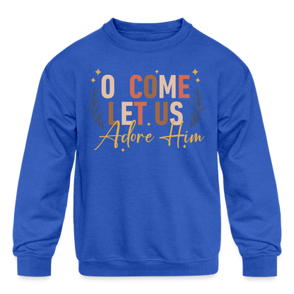 O Come Let us Adore Him Christmas Kid's Long Sleeve Sweater - royal blue