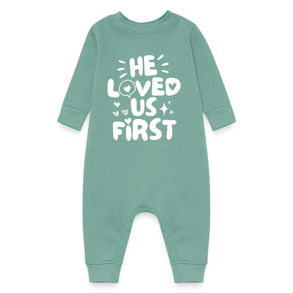 He Loved Us First Fleece Baby Onesie Bodysuit - saltwater