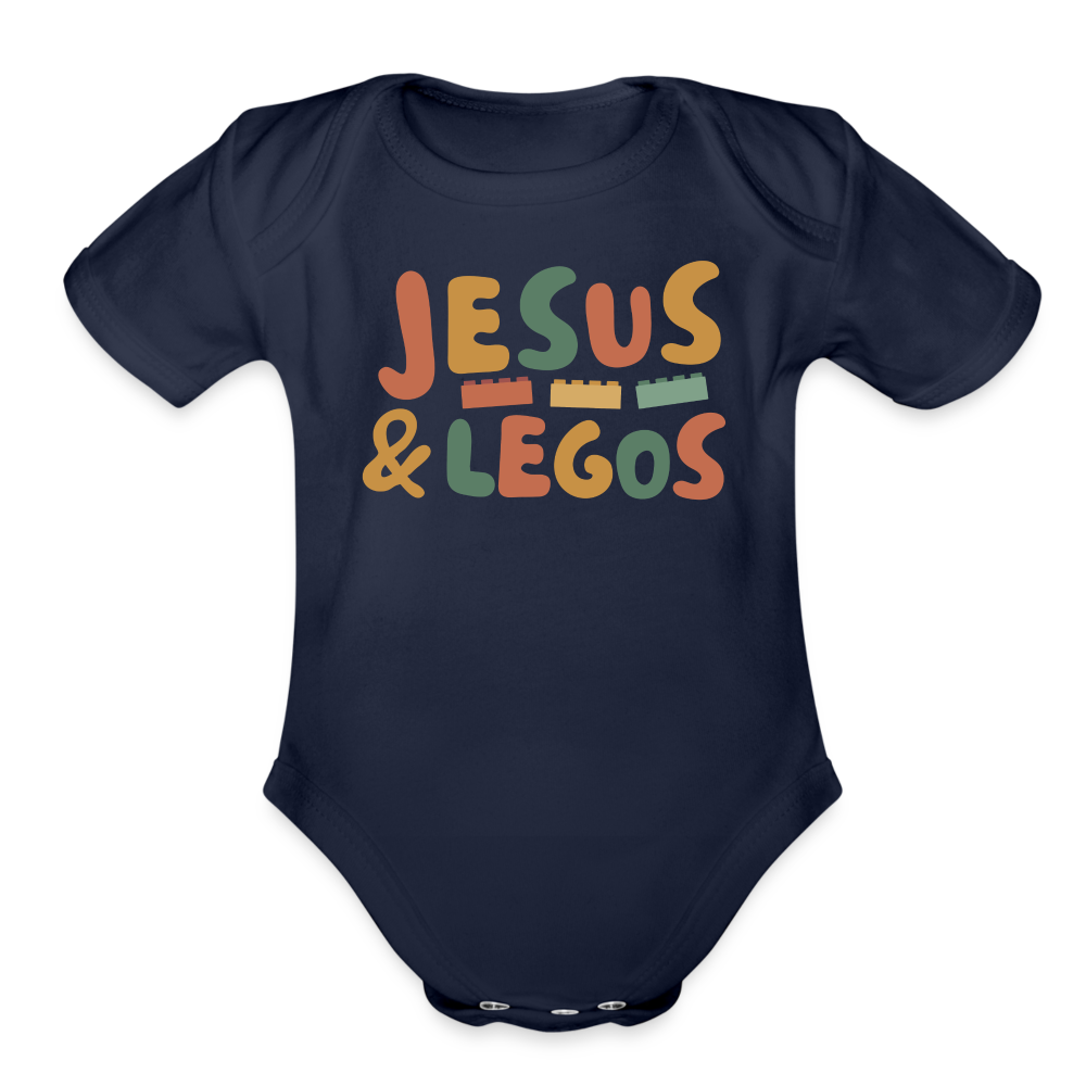 Jesus & Legos Family Organic Short Sleeve Baby Bodysuit - dark navy