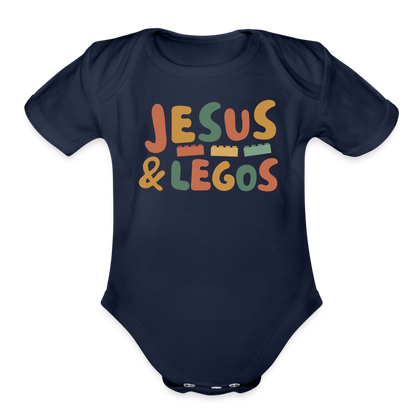 Jesus & Legos Family Organic Short Sleeve Baby Bodysuit - dark navy