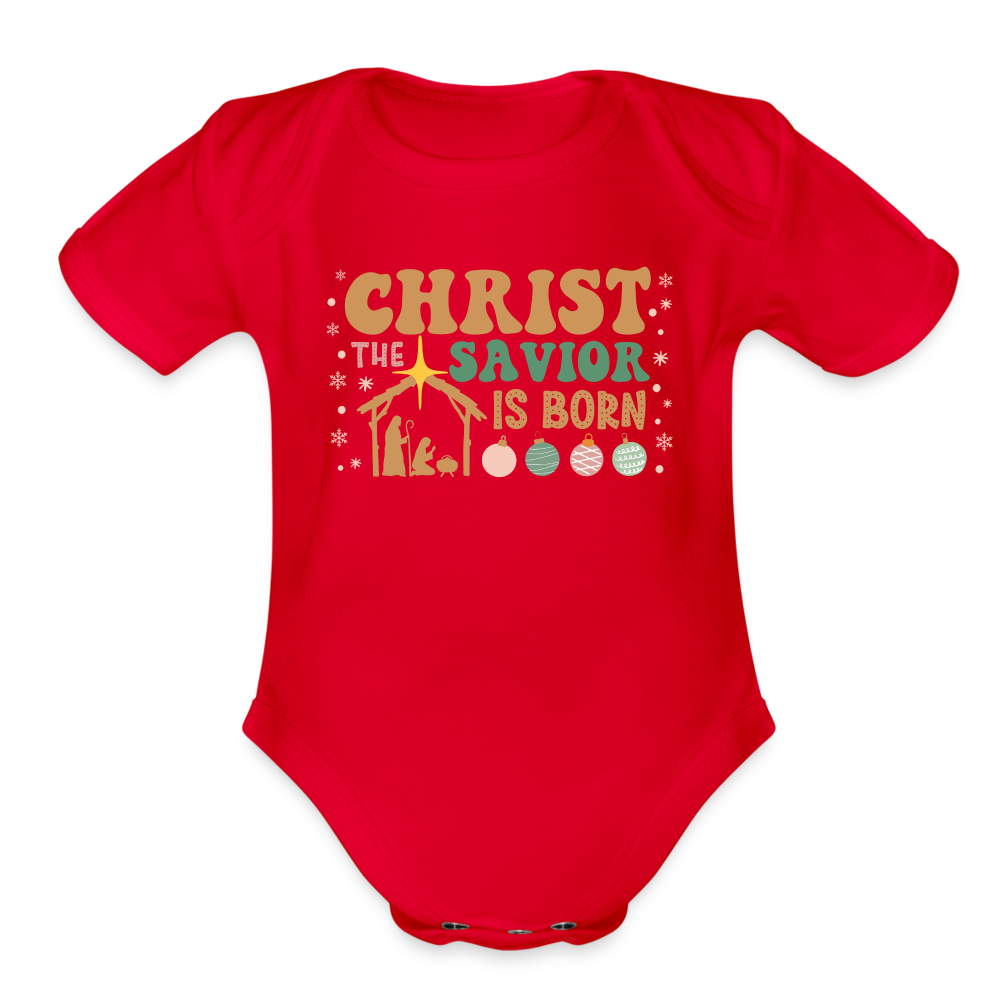 Christ the Savior is Born Christmas Family Organic Short Sleeve Baby Bodysuit - red