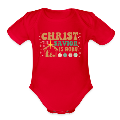 Christ the Savior is Born Christmas Family Organic Short Sleeve Baby Bodysuit - red