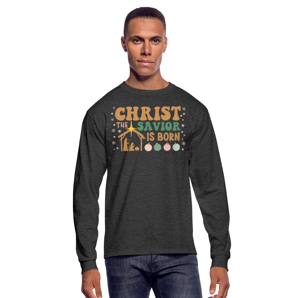 Christ the Savior is Born Christmas Family Men's Long Sleeve T-Shirt - heather black