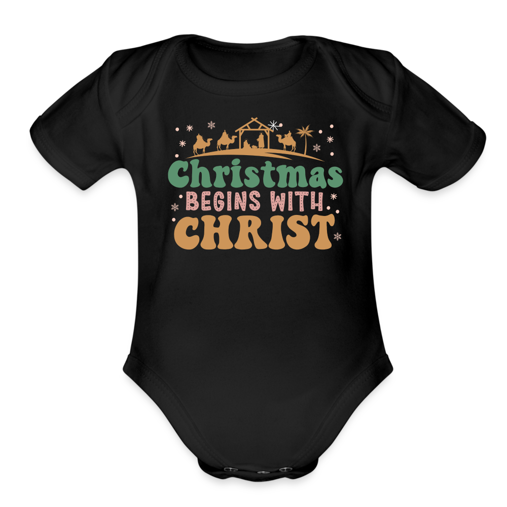 Christmas begins with Christ Family Organic Short Sleeve Baby Bodysuit - black