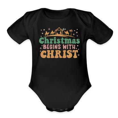 Christmas begins with Christ Family Organic Short Sleeve Baby Bodysuit - black