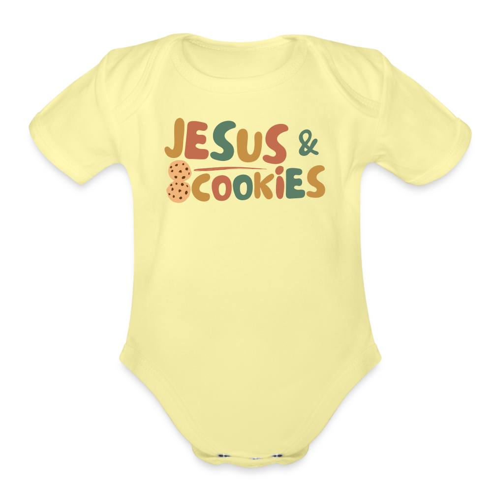 Jesus & Cookies Family Organic Short Sleeve Baby Bodysuit - washed yellow