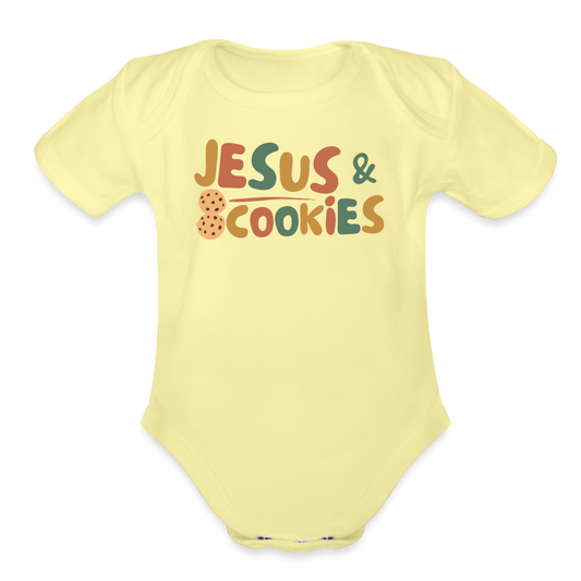 Jesus & Cookies Family Organic Short Sleeve Baby Bodysuit - washed yellow