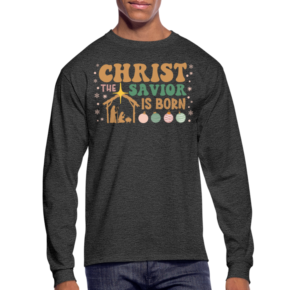 Christ the Savior is Born Christmas Family Men's Long Sleeve T-Shirt - heather black