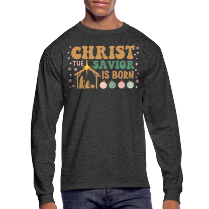 Christ the Savior is Born Christmas Family Men's Long Sleeve T-Shirt - heather black