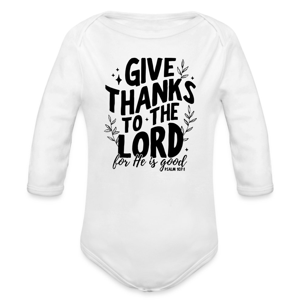 Give Thanks to the Lord Baby Long Sleeve Onesie - white