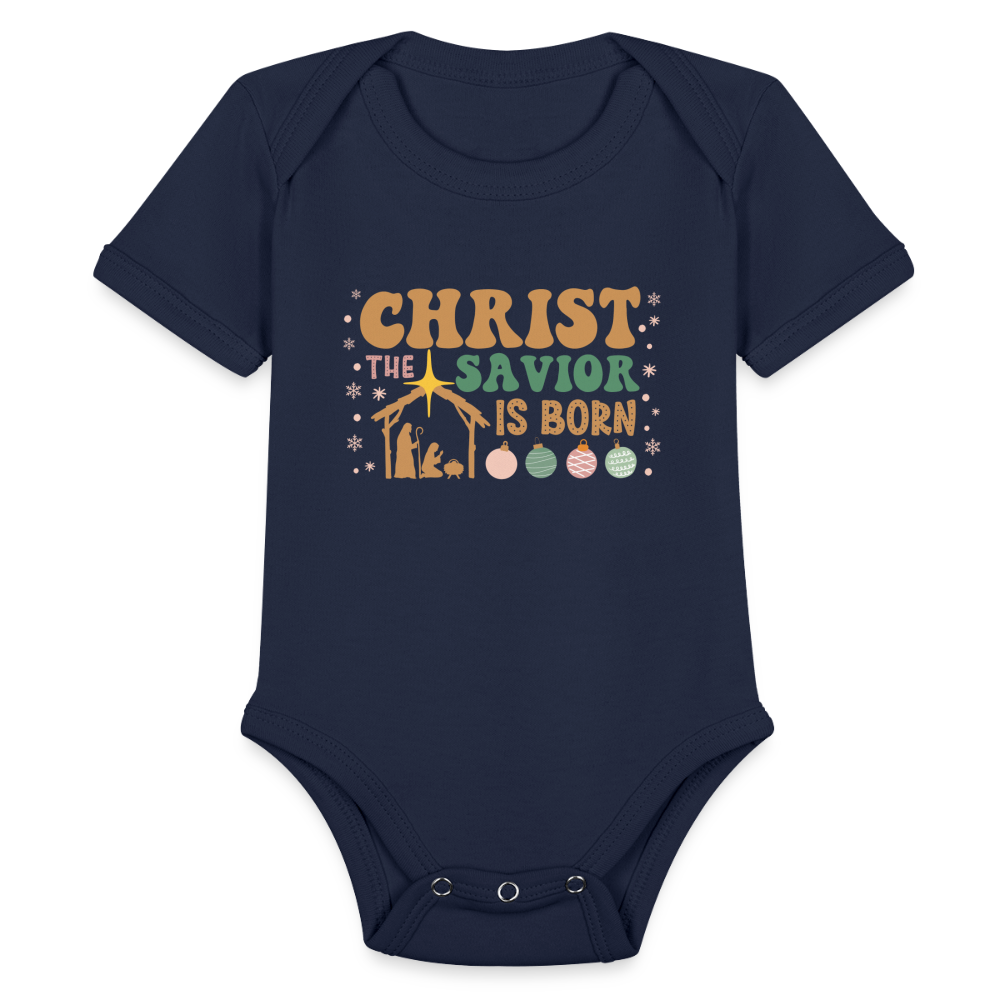 Christ the Savior is Born Christmas Family Organic Short Sleeve Baby Bodysuit - dark navy