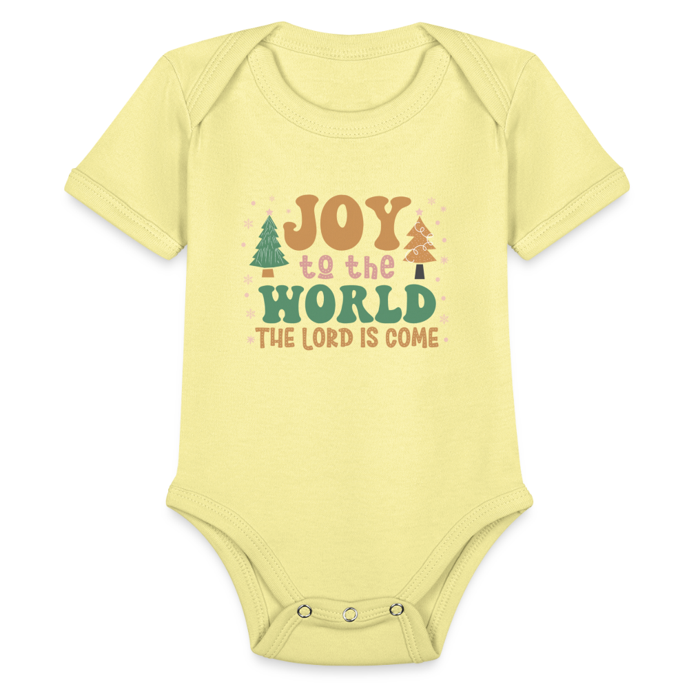 Joy to the World Christmas Family Organic Short Sleeve Baby Bodysuit - washed yellow