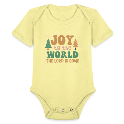 Joy to the World Christmas Family Organic Short Sleeve Baby Bodysuit - washed yellow