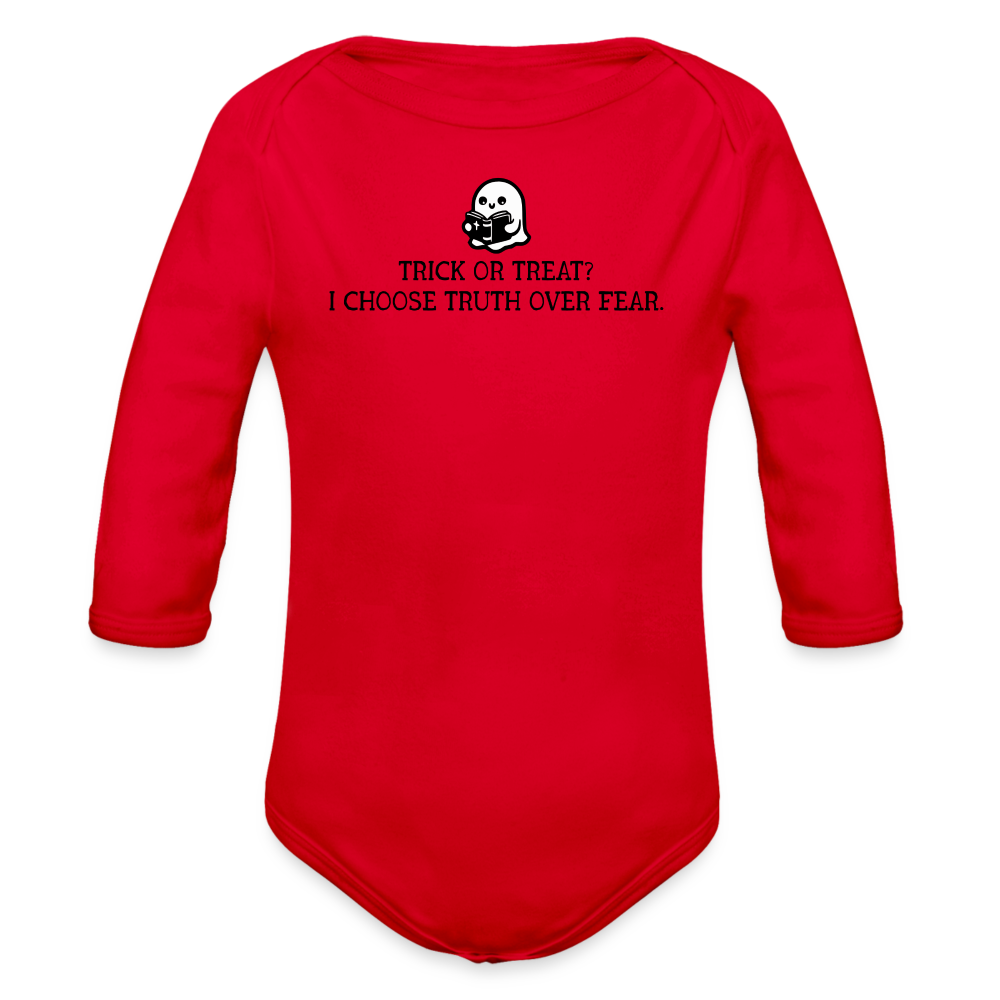 Trick or Treat I Choose Truth (Bible) Baby Long Sleeve Bodysuit - red