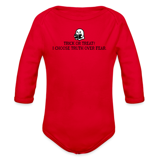 Trick or Treat I Choose Truth (Bible) Baby Long Sleeve Bodysuit - red