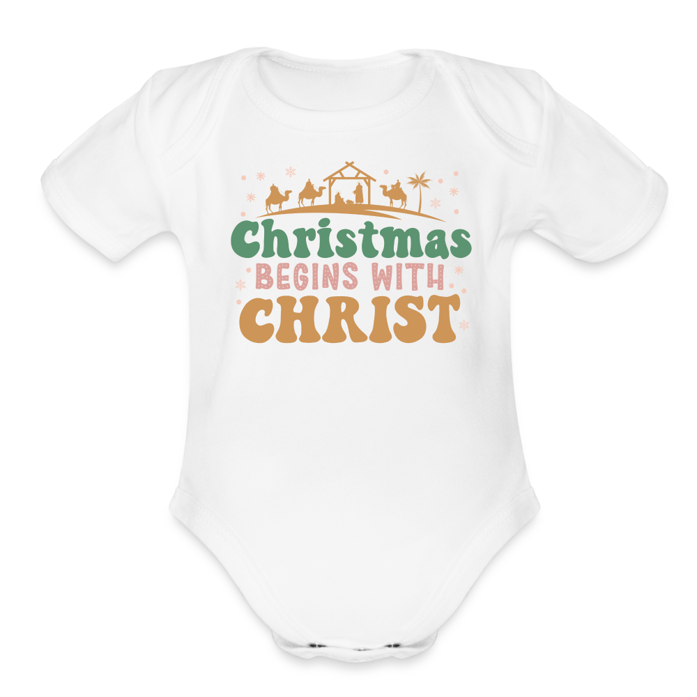 Christmas begins with Christ Family Organic Short Sleeve Baby Bodysuit - white