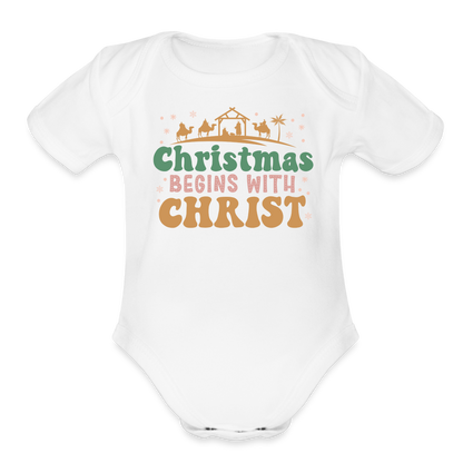 Christmas begins with Christ Family Organic Short Sleeve Baby Bodysuit - white