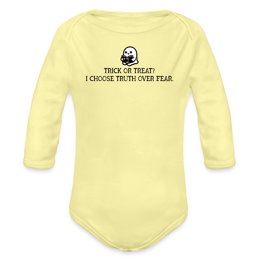 Trick or Treat I Choose Truth (Bible) Baby Long Sleeve Bodysuit - washed yellow