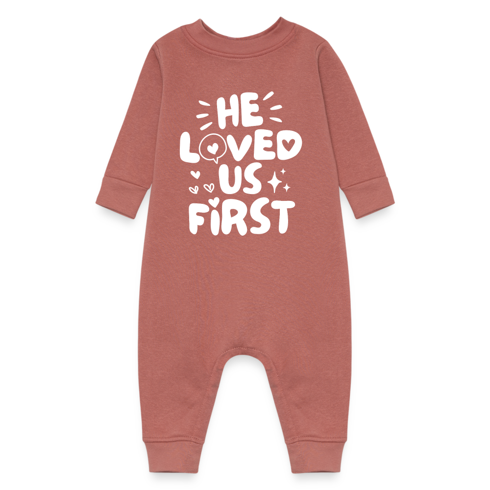 He Loved Us First Fleece Baby Onesie Bodysuit - mauve