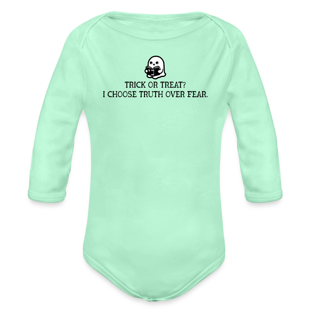 Trick or Treat I Choose Truth (Bible) Baby Long Sleeve Bodysuit - light mint