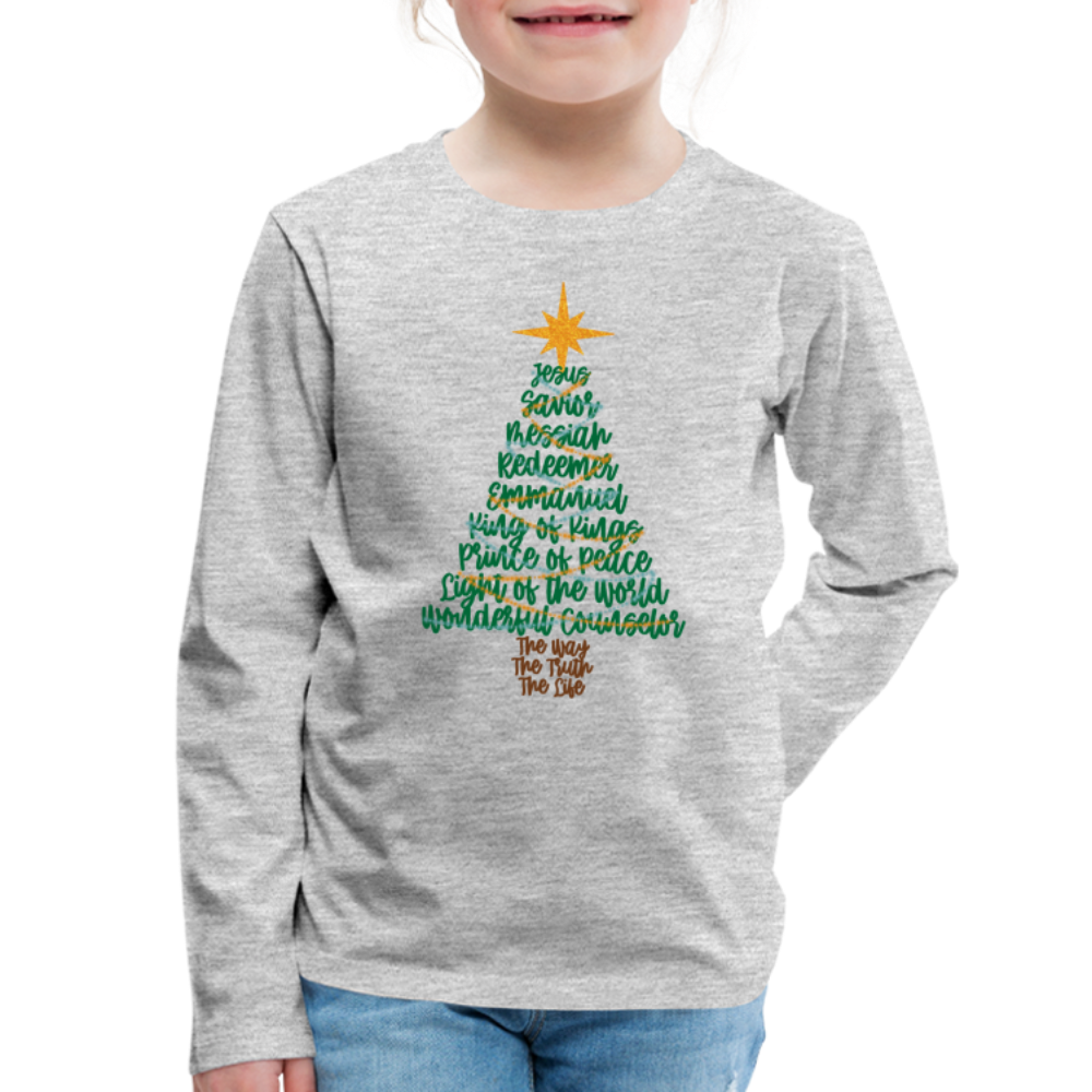 Names of Jesus Christmas Tree Kid's Long Sleeve Shirt - heather gray