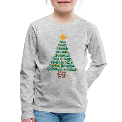 Names of Jesus Christmas Tree Kid's Long Sleeve Shirt - heather gray