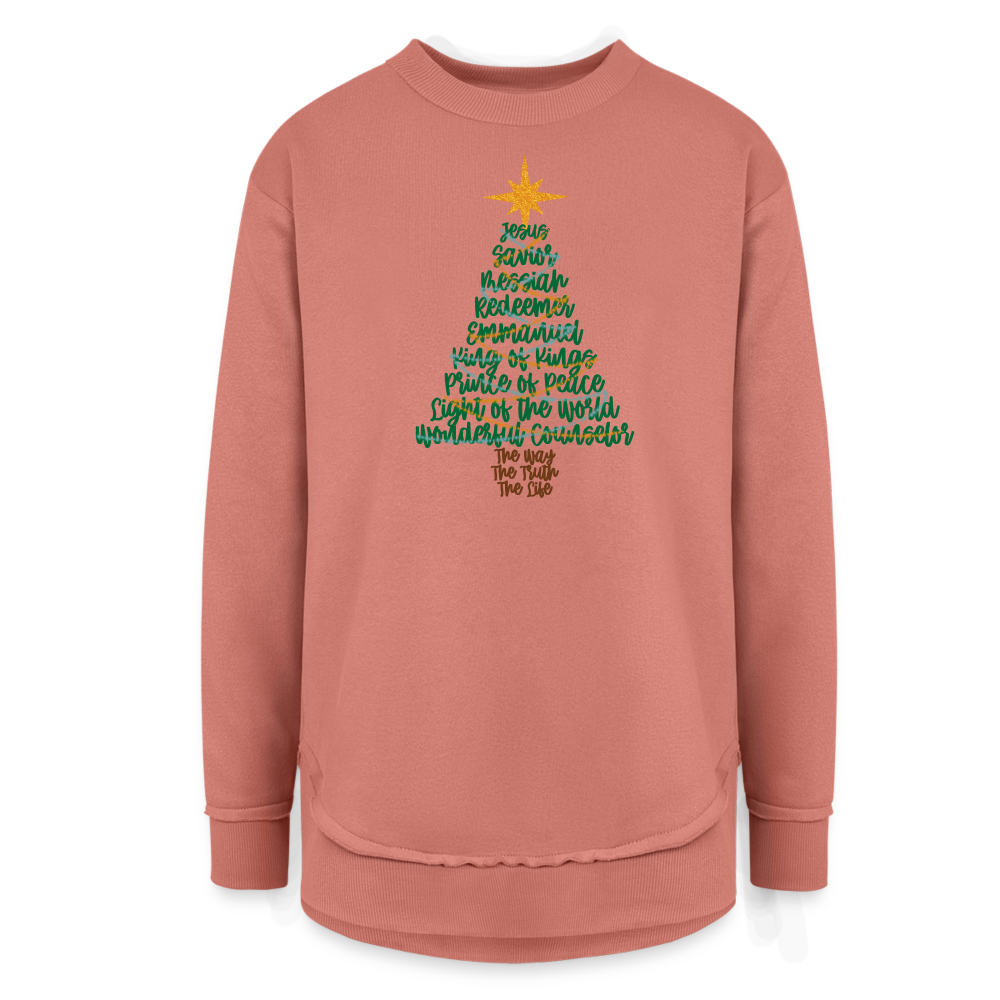 Names of Jesus Christmas Tree Women's Tunic Sweater - mauve