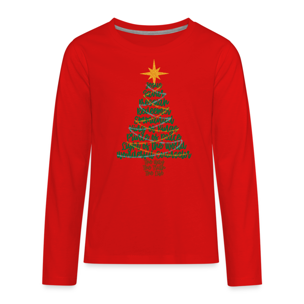 Names of Jesus Christmas Tree Kid's Long Sleeve Shirt - red