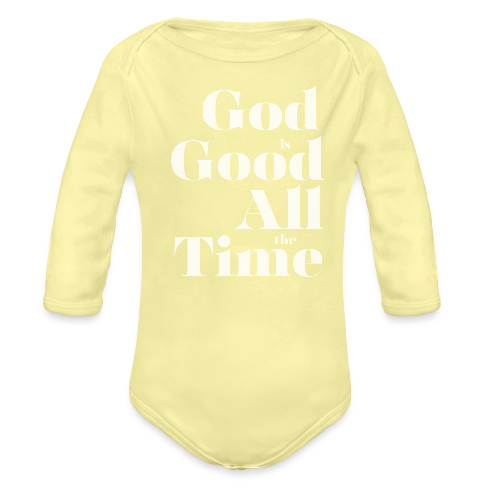 God is Good Organic Long Sleeve Baby Bodysuit - washed yellow