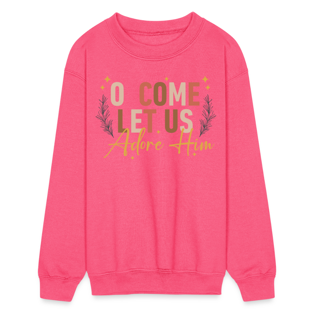 O Come Let us Adore Him Christmas Kid's Long Sleeve Sweater - neon pink