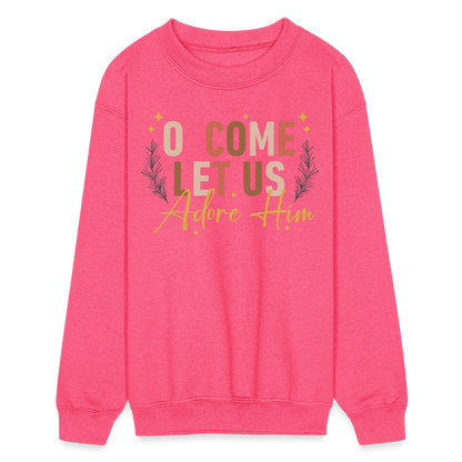 O Come Let us Adore Him Christmas Kid's Long Sleeve Sweater - neon pink