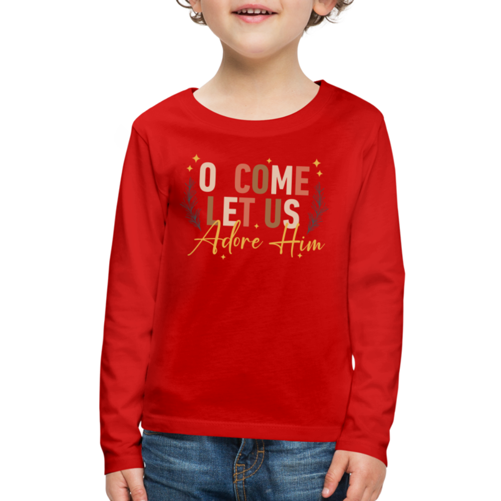 O Come Let us Adore Him Christmas Kid's Long Sleeve Shirt - red