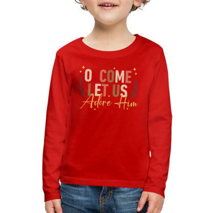 O Come Let us Adore Him Christmas Kid's Long Sleeve Shirt - red