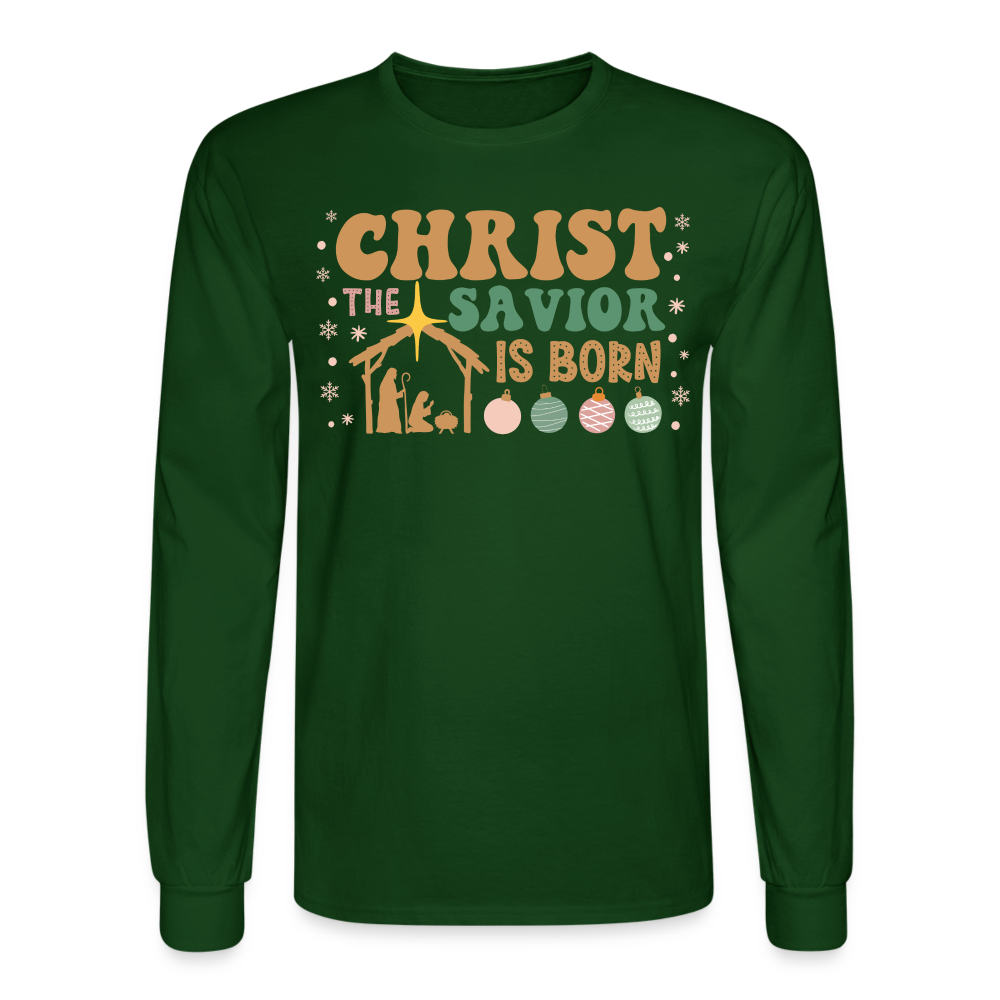 Christ the Savior is Born Christmas Family Men's Long Sleeve T-Shirt - forest green