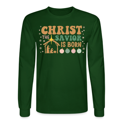 Christ the Savior is Born Christmas Family Men's Long Sleeve T-Shirt - forest green