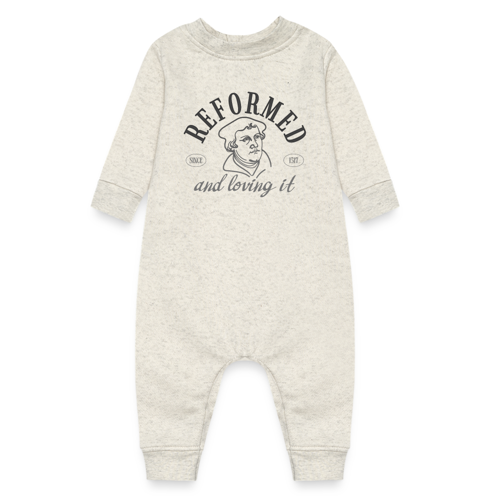 Reformed & Loving It Reformation Day Fleece Baby Bodysuit - heather oatmeal