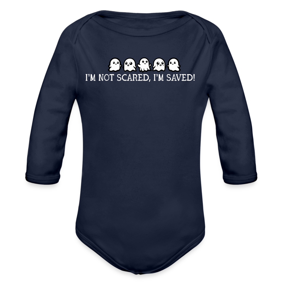 I'm Not Scared, I'm Saved (W) Baby Long Sleeve Bodysuit - dark navy