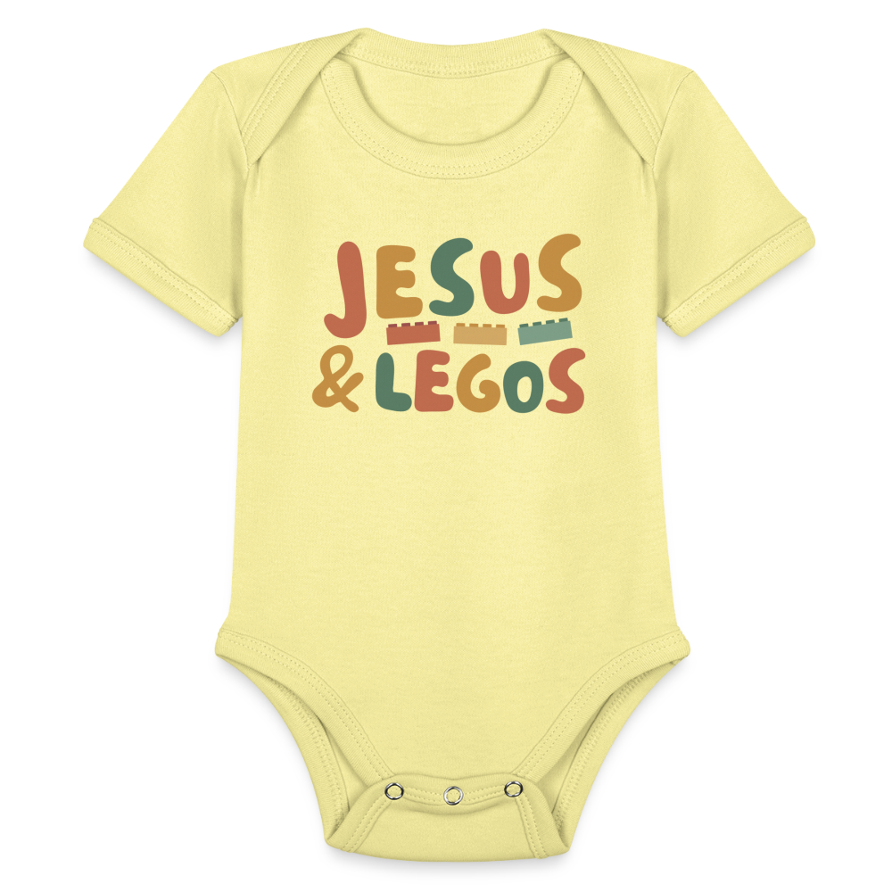 Jesus & Legos Family Organic Short Sleeve Baby Bodysuit - washed yellow