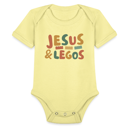 Jesus & Legos Family Organic Short Sleeve Baby Bodysuit - washed yellow