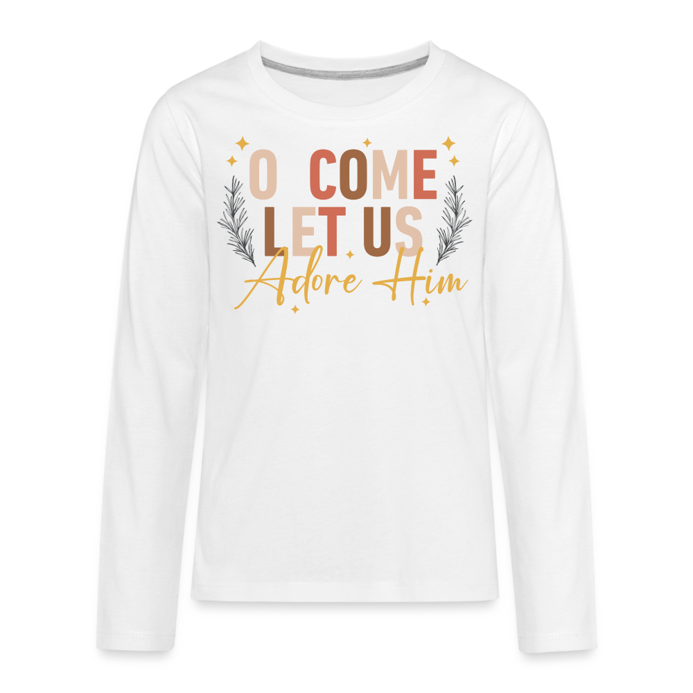 O Come Let us Adore Him Christmas Kid's Long Sleeve Shirt - white