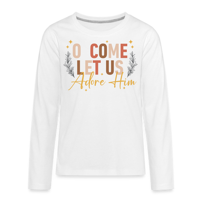 O Come Let us Adore Him Christmas Kid's Long Sleeve Shirt - white