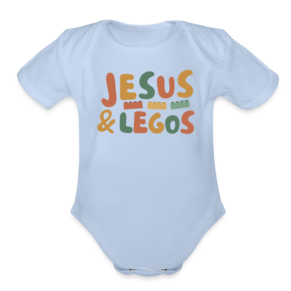 Jesus & Legos Family Organic Short Sleeve Baby Bodysuit - sky