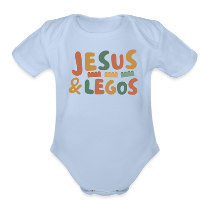 Jesus & Legos Family Organic Short Sleeve Baby Bodysuit - sky