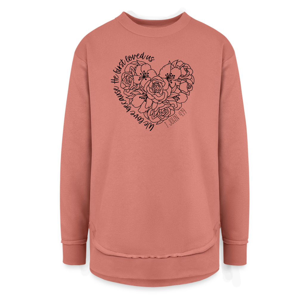 We Love Because He First Loved Us Women's Long Sleeve Weekend Tunic - mauve