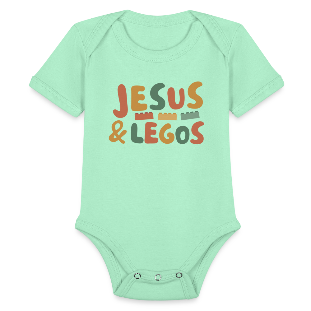 Jesus & Legos Family Organic Short Sleeve Baby Bodysuit - light mint