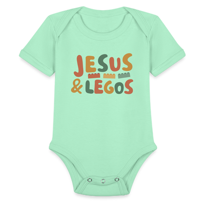 Jesus & Legos Family Organic Short Sleeve Baby Bodysuit - light mint