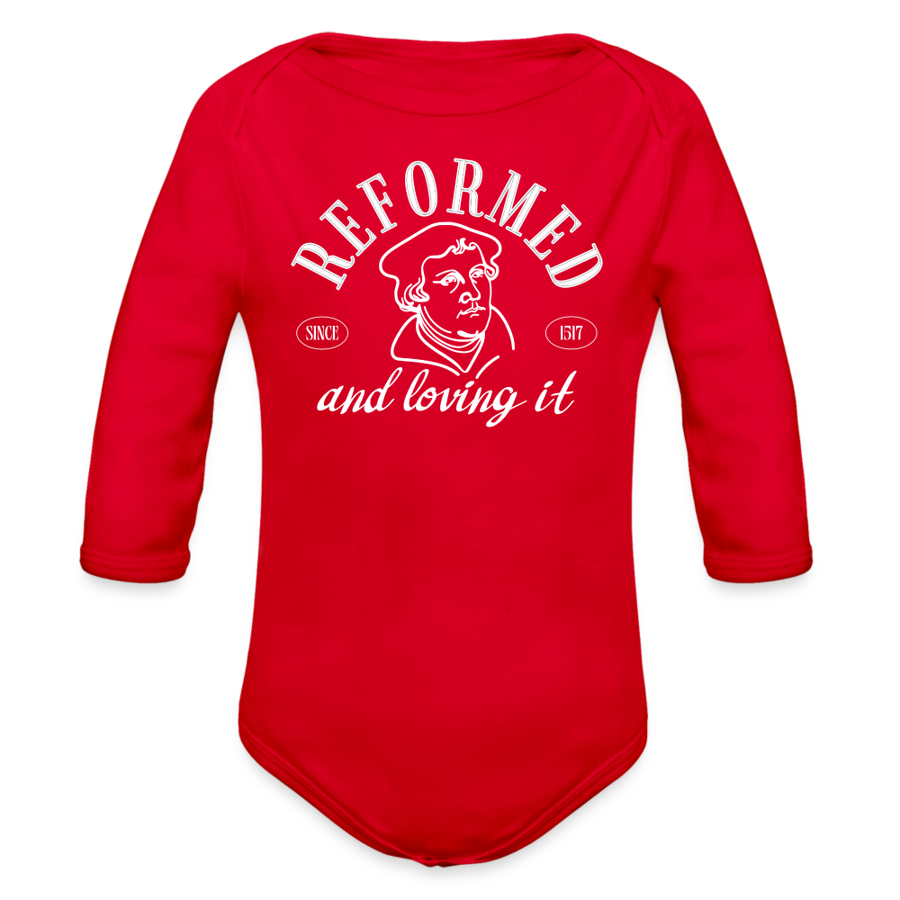 Reformed & Loving It (W) Reformation Day Baby Long Sleeve Bodysuit - red