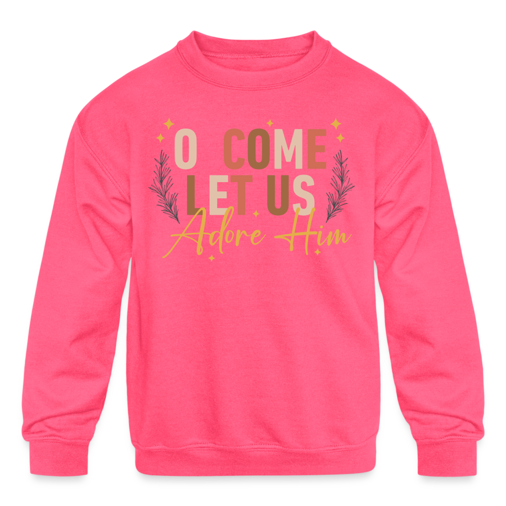 O Come Let us Adore Him Christmas Kid's Long Sleeve Sweater - neon pink