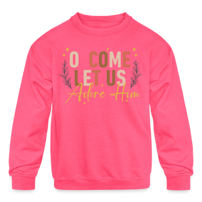 O Come Let us Adore Him Christmas Kid's Long Sleeve Sweater - neon pink